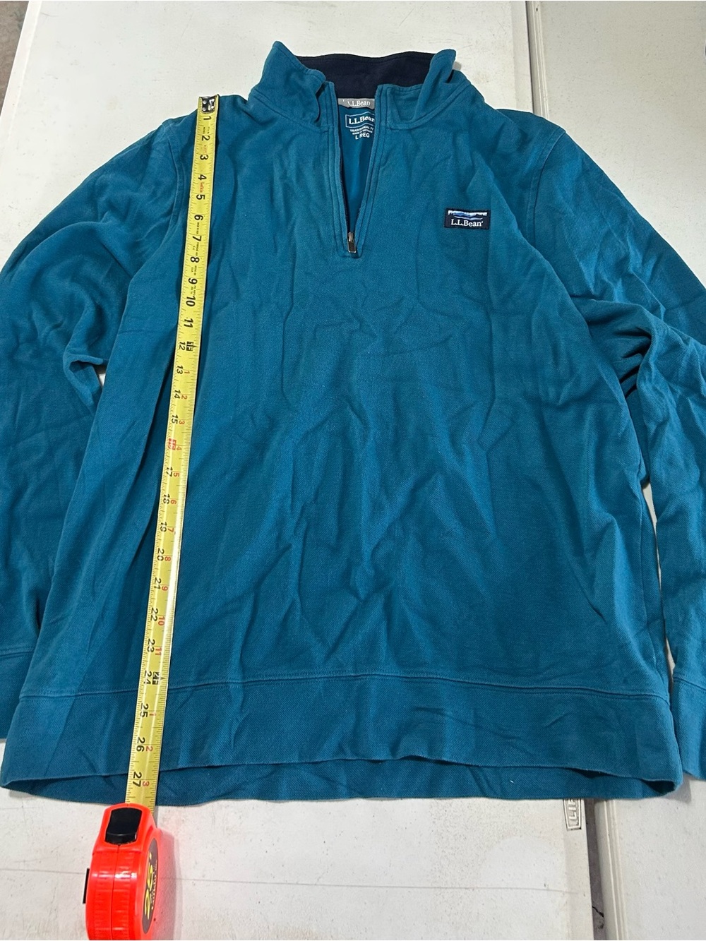 LL Bean Sweater Mens Large Blue Quarter Zip Logo Pullover Comfort Stetch Pique